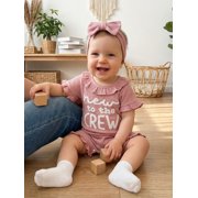 BemeyourBBs Newborn Baby Girl Summer Clothes Hospital Going Home Outfit Baby Girl New To The Crew Romper Letter Embroidered Short Sleeve Waffle Knit Ruffle Jumpsuit Shorts Headband