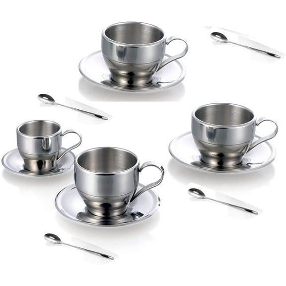Stainless Steel Coffee Cup 4pc Set 125ML/4.4floz Double Walled Coffee Mugs with Saucer and Spoon, Coffee Latte Tea Espresso Mug
