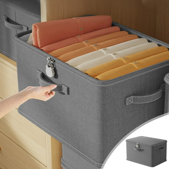 PATLOLLAV Gray Storage Bins with Lock,Storage Boxes with Handles Board Foldable Lidded Cotton Linen Fabric Home Cubes Baskets Closet Clothes Organizer Containers,18x12x12inch