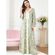 OBEEII Muslim Abaya Dress for Women Elegant Floral Islamic Dubai Long Sleeve Kaftan Maxi Dress Eid Party Loose Fit Muslim Prayer Dresses