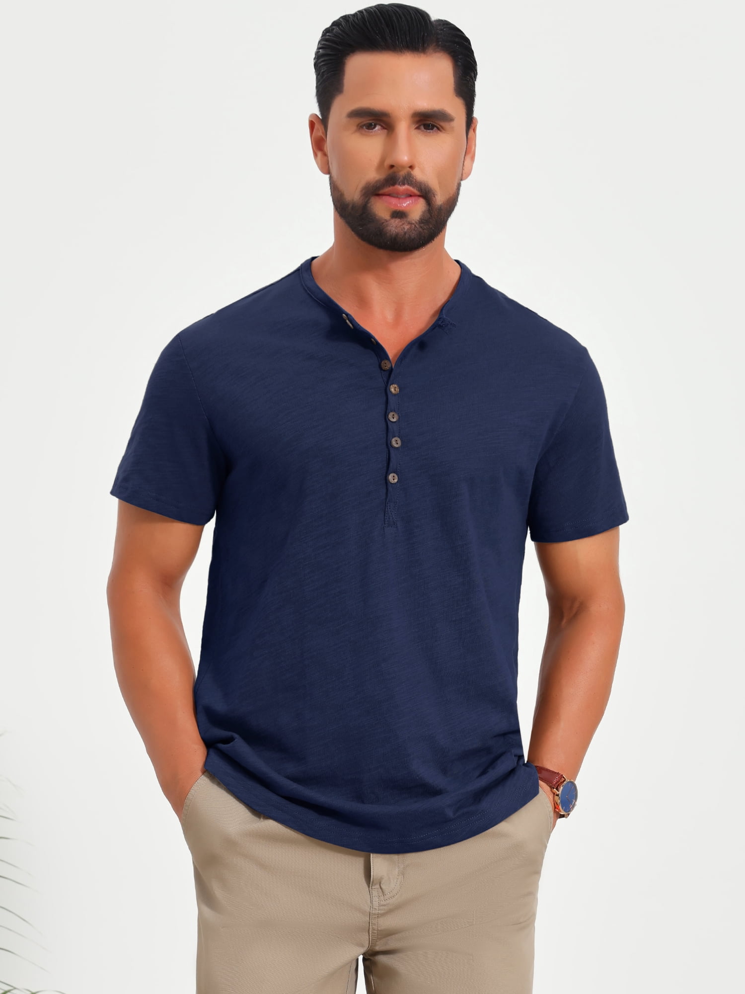 DARING DIVA Men's Retro Henley Texture Button Down Short Sleeve T-Shirt L Navy Blue