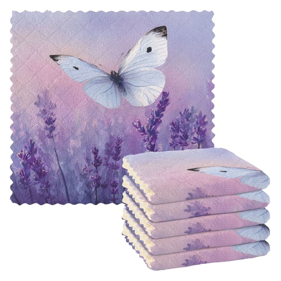 6 Pieces of Kitchen Towels 11x11Inch Kitchen Dish Cloths Kitchen Dish Towels Reuseable Cleaning Cloths Purple Butterfly Pattern