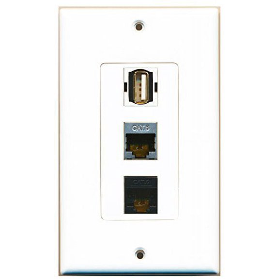 RiteAV - 1 Port USB A-A and 1 Port Shielded Cat6 Ethernet and 1 Port Cat6 Ethernet Black Decorative Wall Plate Decorative