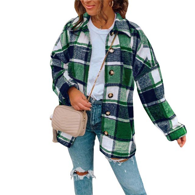 Turn Down Collar Coat, Long Sleeve Plaid Jacket Casual Elegant Button Fashionable For Lady For Shopping ANGGREK Verde XL