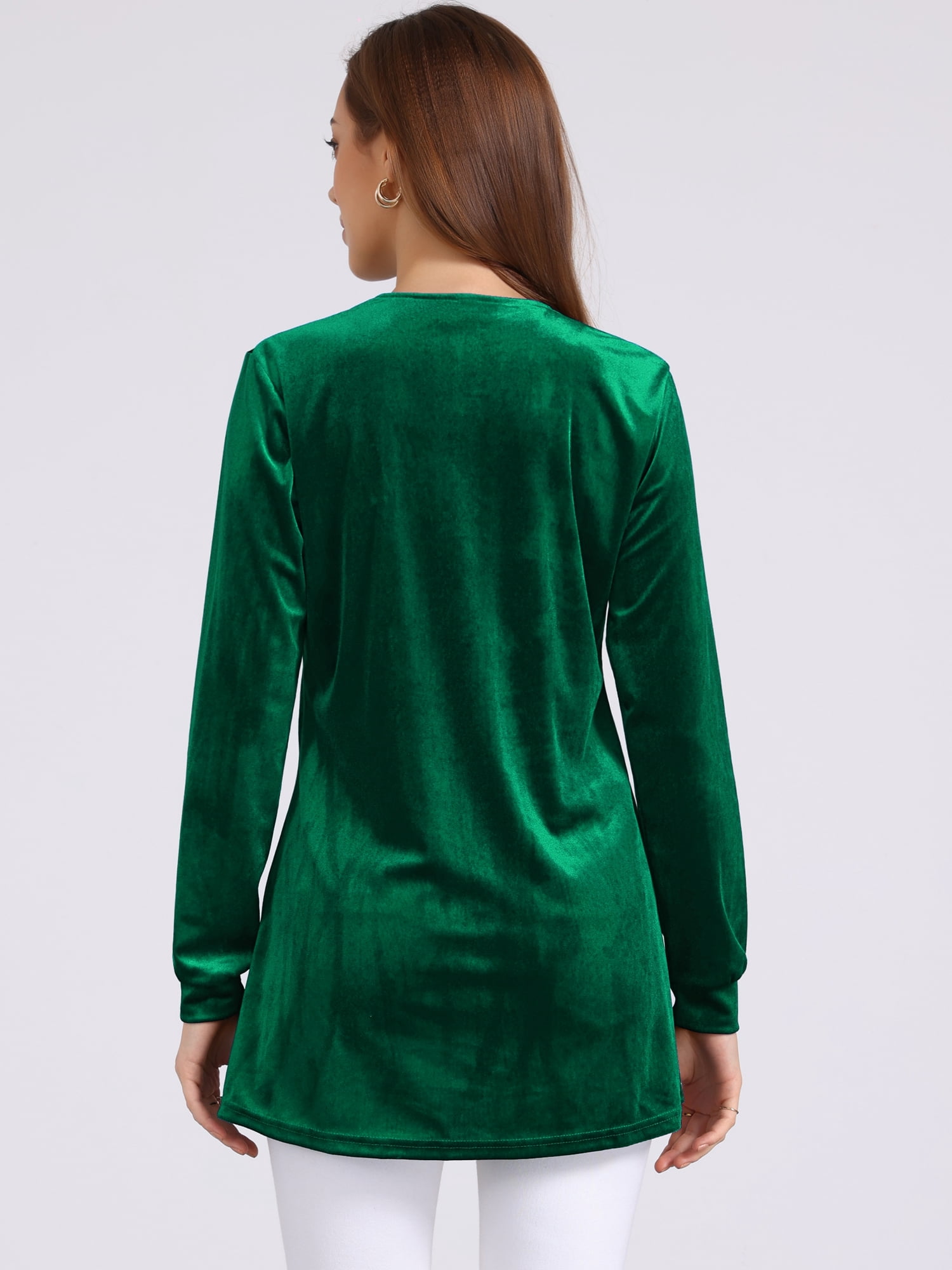 DARING DIVA Women's Velvet Top V Neck Long Sleeves Loose Blouse M Dark Green