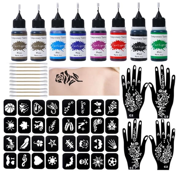 Kit de tatuaje temporal Funtigee de 8 tintas de color con plantillas y bastoncillos