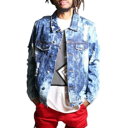 - Mens Destroy Denim Jacket Vintage Washed Hipster hip-hop Style Outerwear KNO5022-S-Dark Blue