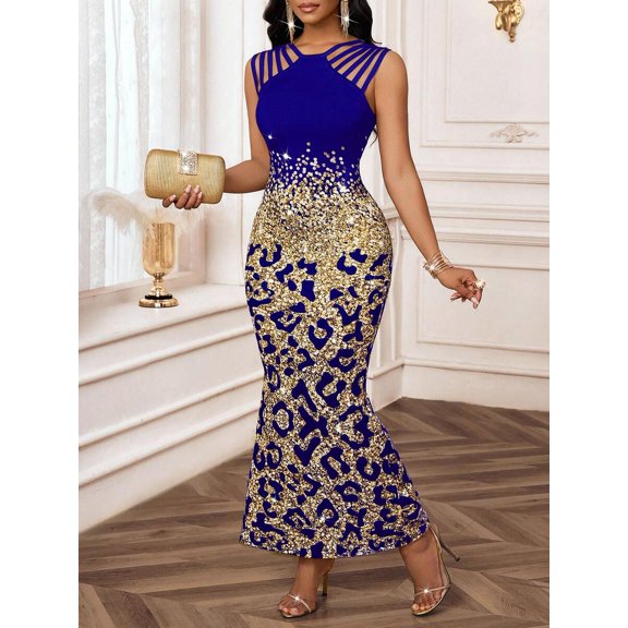 Royal Blue Leopard Print Sequin Mermaid Dress With Cut-Out Back, Elegant Evening Gown