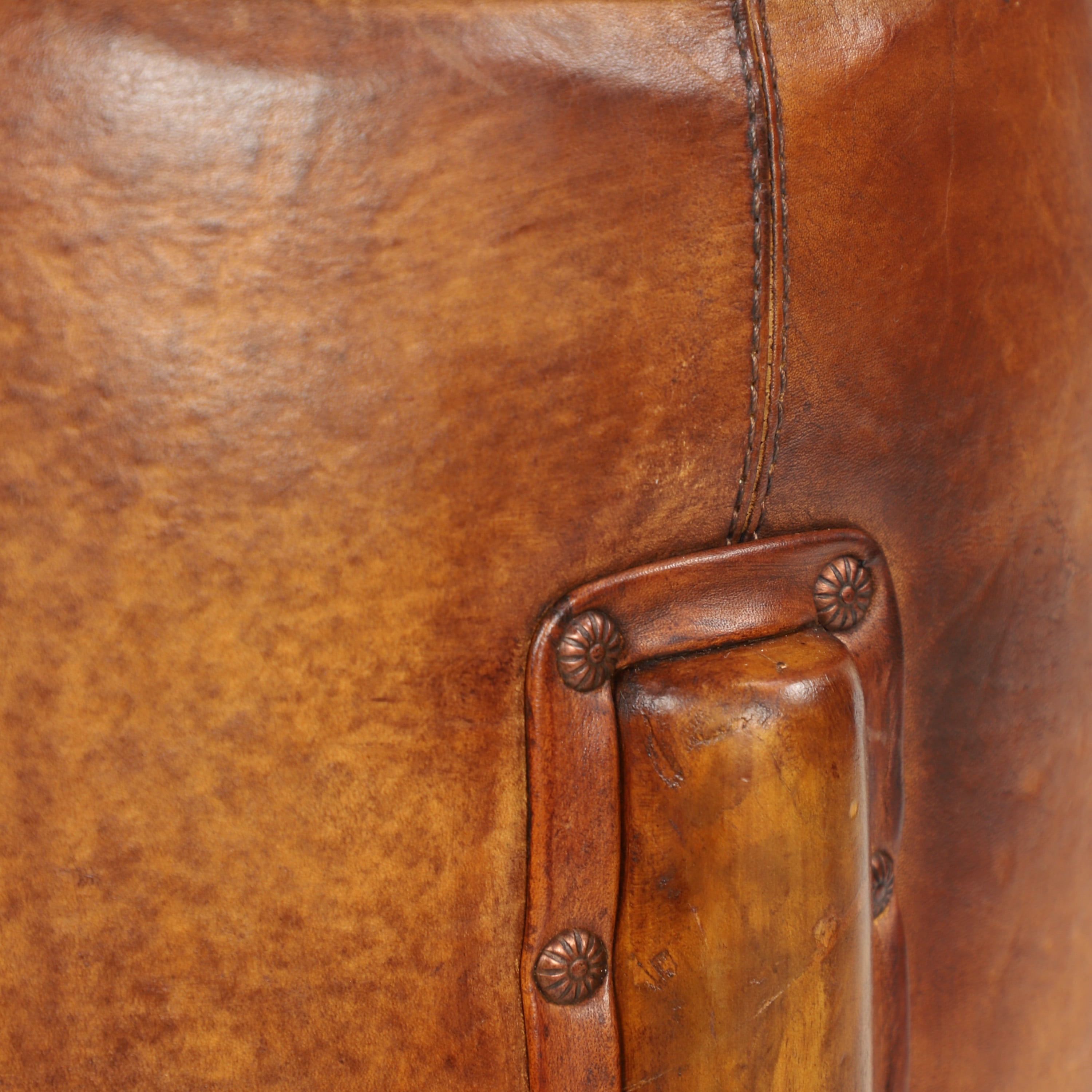 DecMode Traditional  Caramel Brown Upholstered Leather Stool, 17"W x 20"H