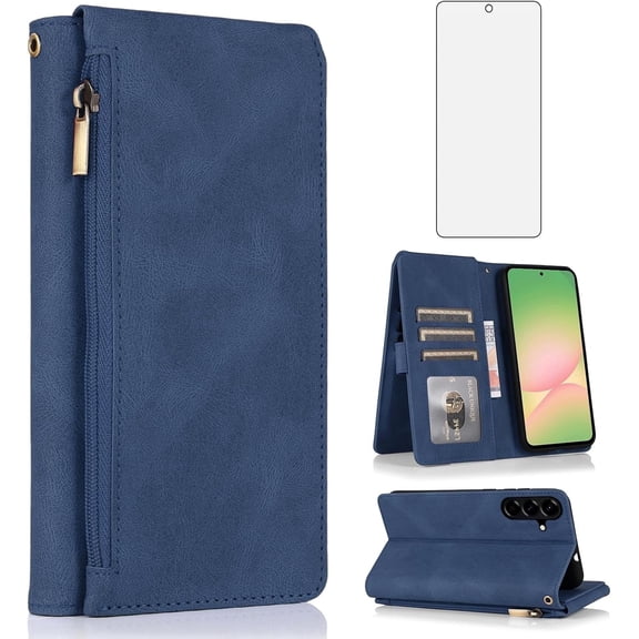 Asuwish Wallet Kickstand Hard Shell Cell Phone Case with Tempered Glass Screen Protector for Samsung Galaxy A56, Blue