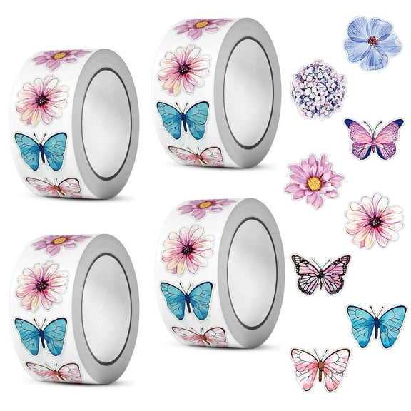2000 Pieces Butterfly Flower Sticker Roll, 8 Styles 1" Colorful Envelope Seal Stickers, Cute Decorative Floral Butterfly Sticker Labels for Gift Card Scrapbook