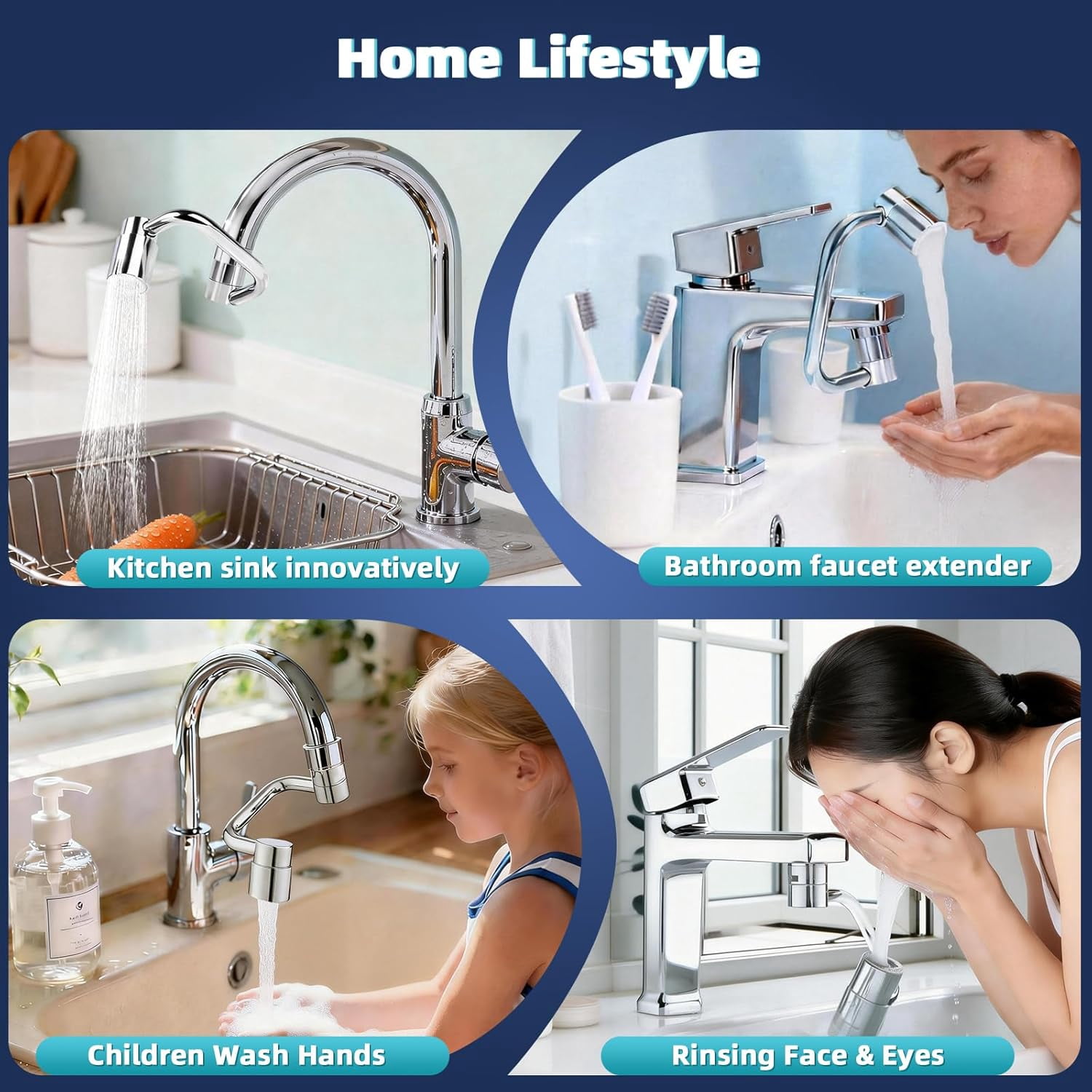 1080° U-Shaped Faucet Extender – Rotatable Faucet Aerator with 3 Adapters & Washers, Multi-Joint Swivel Aerator with 2 Spray Modes for Kitchen & Bathroom Sink, Silver