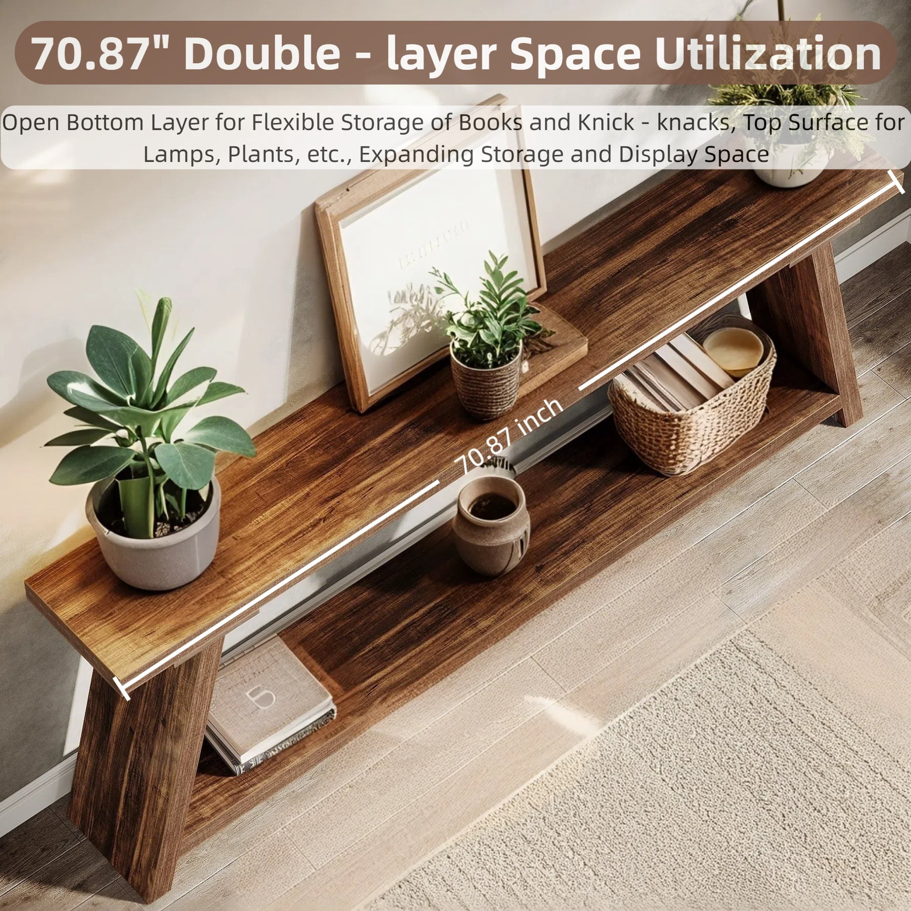 Fnova 70.87" Farmhouse Console Table for Entryway, 2-Tier Storage Long Narrow Wood Entryway Table, Metal Frame, Easy Assembly, Dark Brown