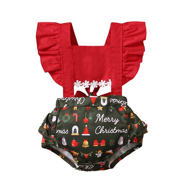 Kmbangi Baby Girls Christmas Romper, Cartoon Printed Splicing Frilly Jumpsuit
