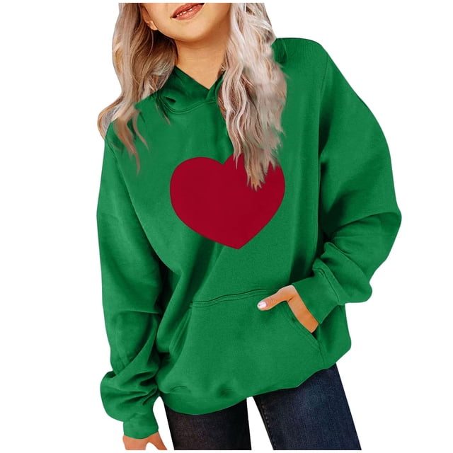 Milgrthf Chandails à Capuchon et Chandails Molletonnés pour Filles avec Écusson en Forme de Cœur, Épais, Manches Longues, Col Ras du Cou, Chandail à Capuche à Enfiler pour Préadolescente, Vert, 3 Ans