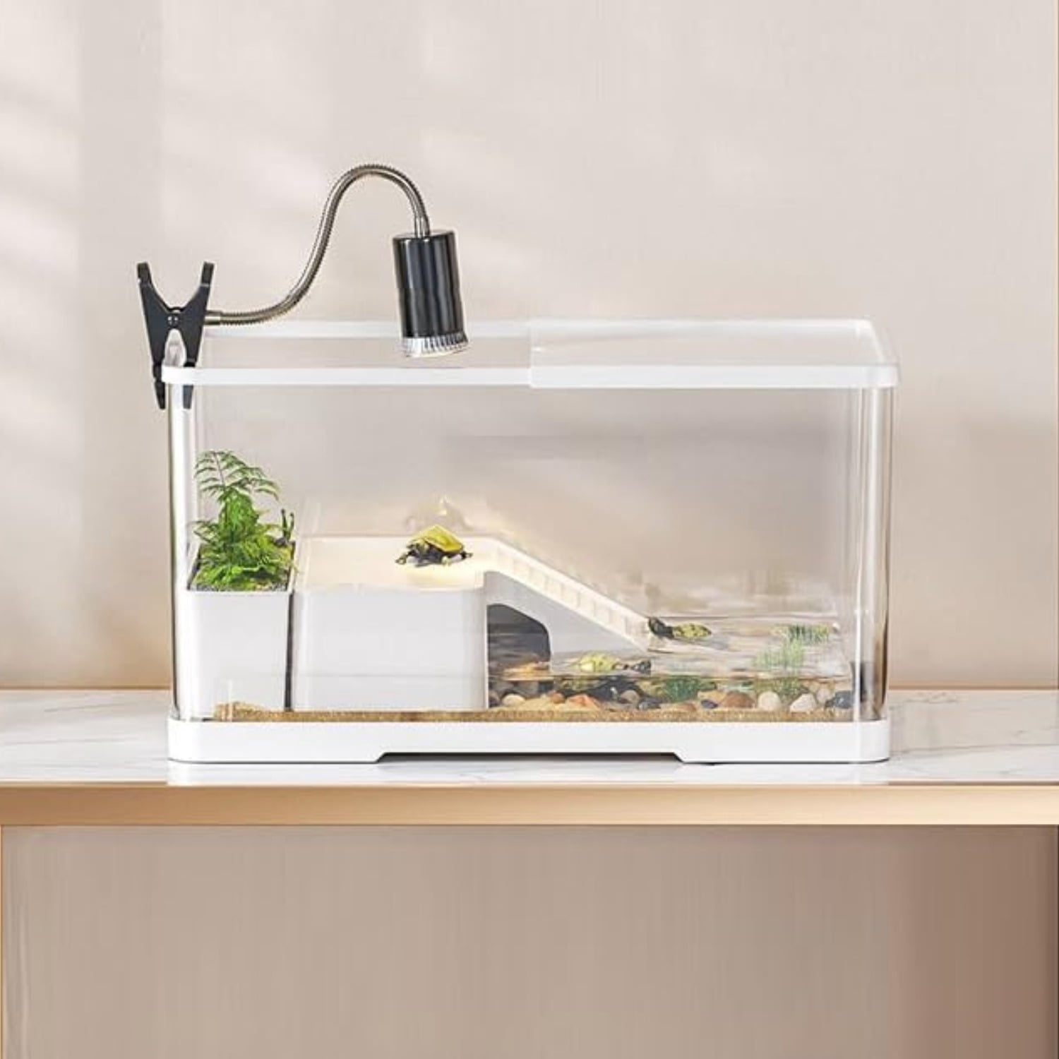 Rechale Turtle Tank, Turtle Aquarium with Basking Platform and Bottom Drainage,Basking Lamp & 9-in-1 Starter Kit (Decorative Plants Included) for Turtles, Crayfish, Crabs, Amphibians, Reptiles