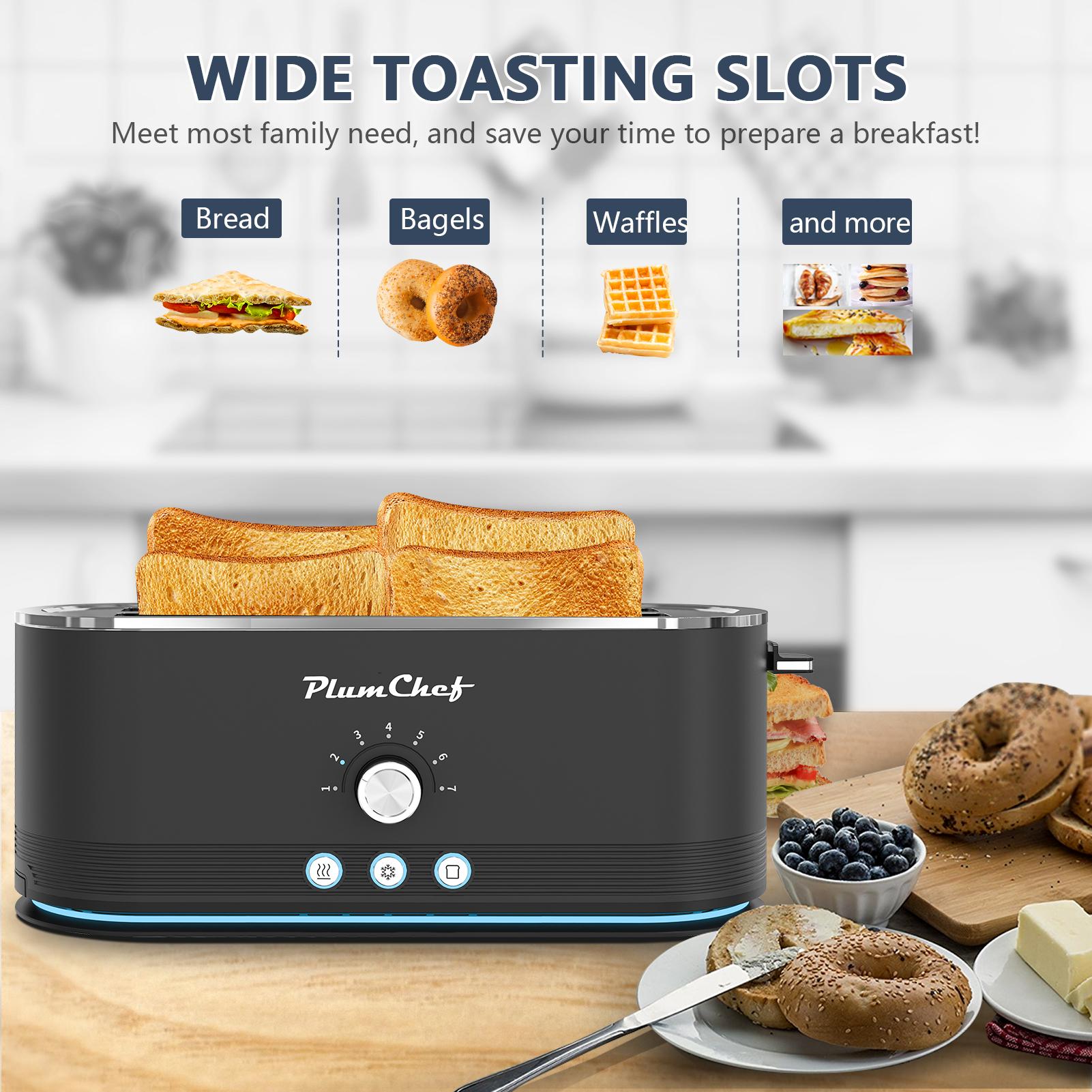 Plum Chef 4 Slice Toaster Wide Slot 6 Shade Browning Control Bagel Muffin Setting Defrost Function Reheat Function Removable Crumb Tray Compact Stainless Steel Design
