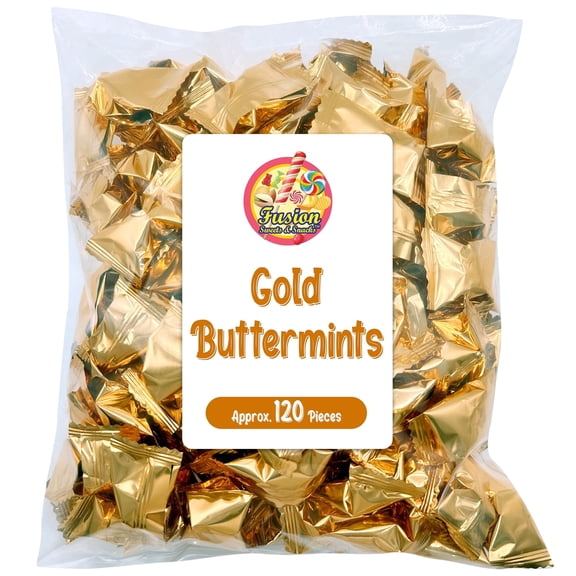 Gold Buttermints (Approx. 120 Count) - Butter Mints Individually Wrapped - Wedding Mints - Perfect For Thank You Gift, Engagement Parties, Bridal Showers, Rehearsal Dinners, Reception, And More