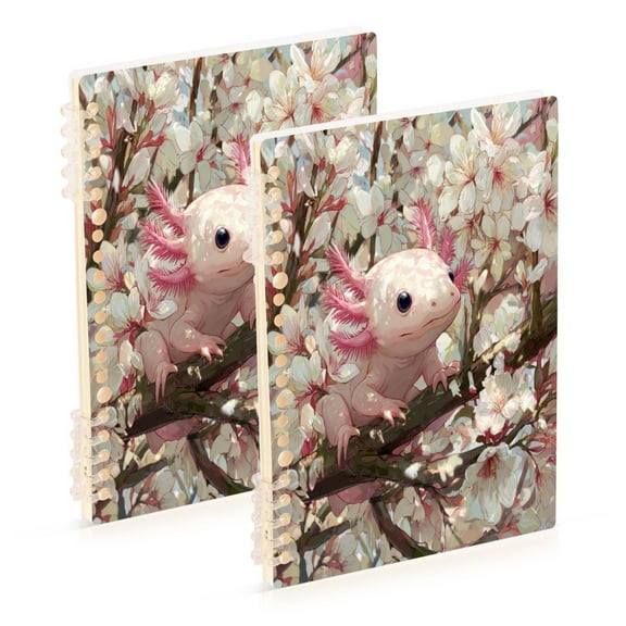 WOBOGO Axolotl Cherry Blossom Notebook College Horizontal Grid Paper Ink Spill Resistant Water Resistant Cover 8.3x5.7x0.4in