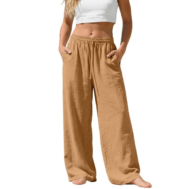 Plus Size Pants, Linen Drawstring Pants with Pockets, Solid Loose Casual Joggers, Breathable Summer Wide Leg Trousers