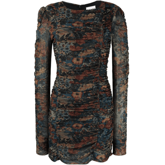 Ganni Women's Butternut Floral Mesh Gathered Ruched Mini Stretch Fitted Dress