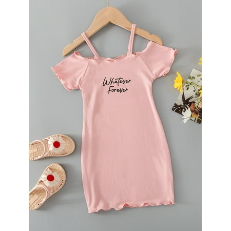 

Baby Pink Toddler Girls Letter Graphic Cold Shoulder Lettuce Trim Cami Dress Dressy 100 S040E