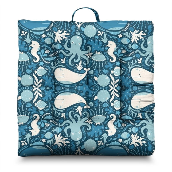 Tropical Marine Life Floor Pillow Oversized 24" Square Meditation Seat, Sunlight-Activated Fluffy Filling, Skin-Friendly Fabric for Long Sitting Sessions, Boho Home Decor