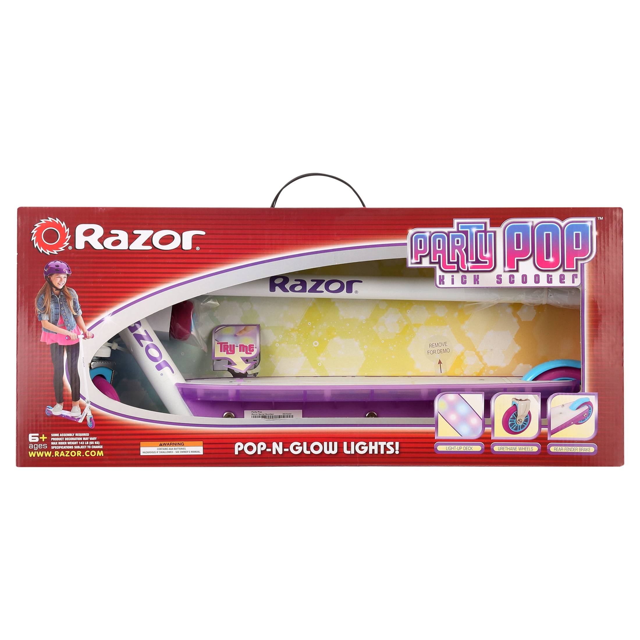 Razor Party Pop Kick Scooter - Multi-Color LED Light-Up Deck, Lightweight Steel Frame, for Kids Ages 6+