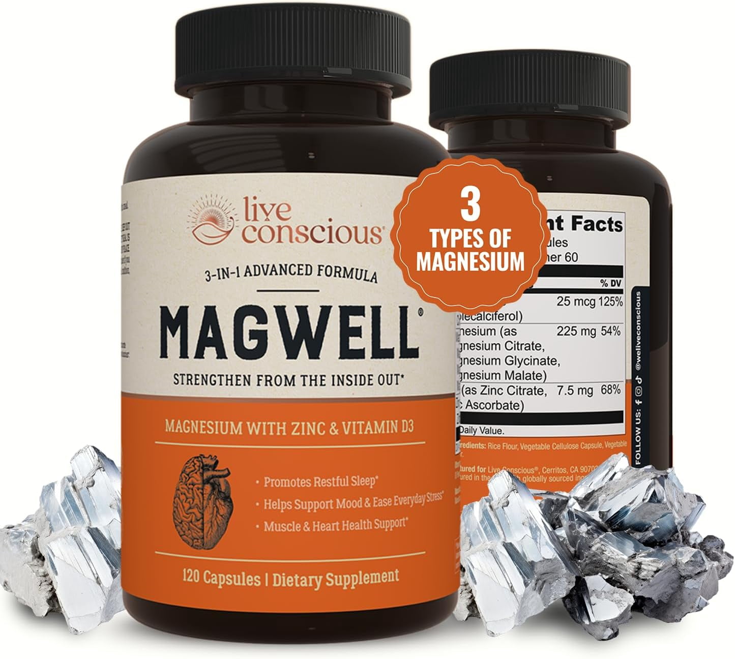 Live Conscious Magwell Magnesium Complex with Zinc & Vitamin D3 - Sleep, Bone, Heart, Immune Support - 120 Caps