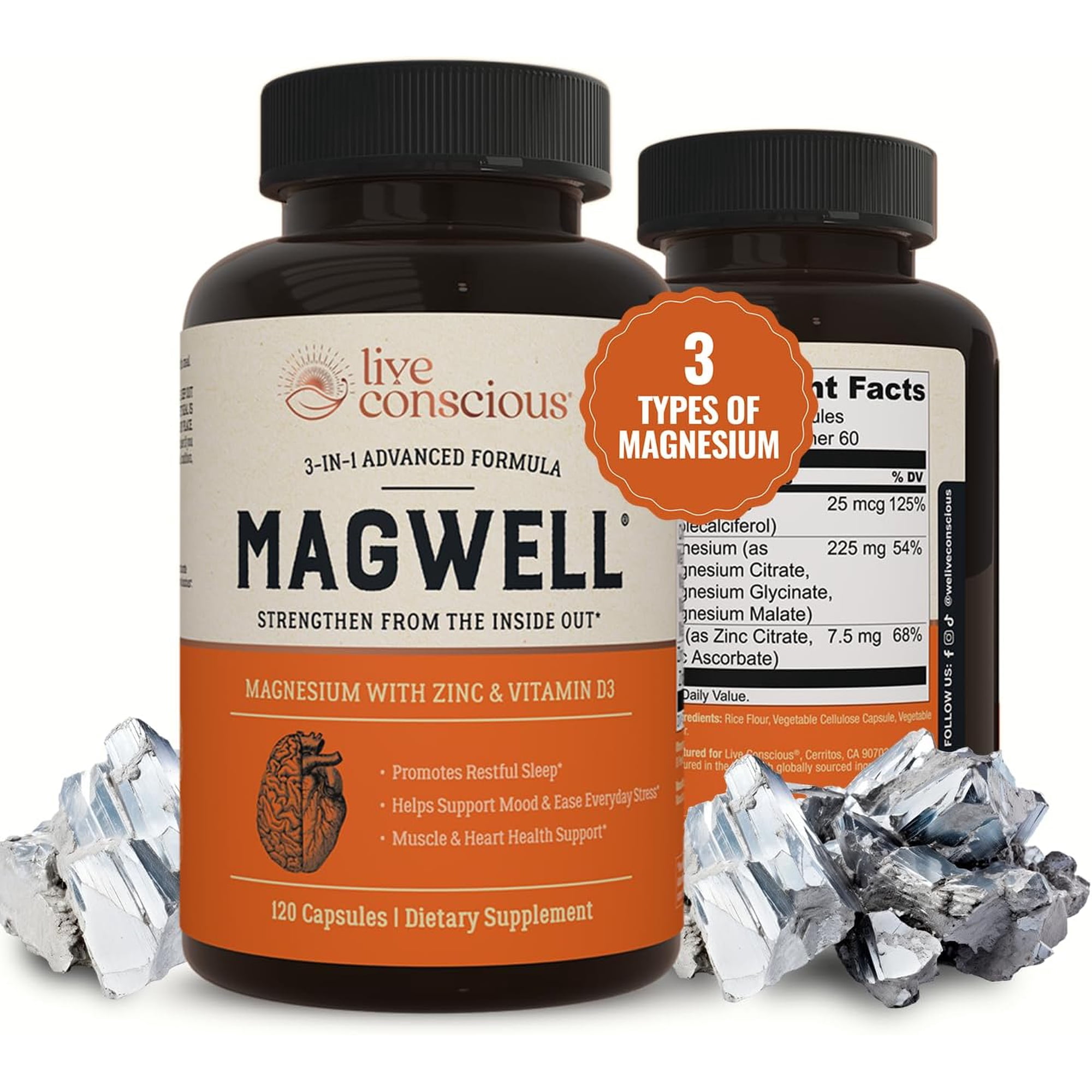 Live Conscious Magwell Magnesium Complex with Zinc & Vitamin D3 - Sleep, Bone, Heart, Immune Support - 120 Caps
