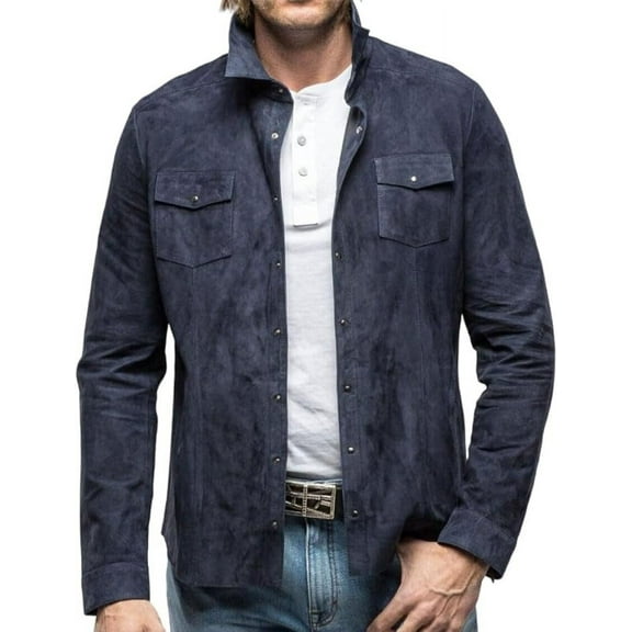Men Suede Leather Navy Blue Jacket Shirt Overocat Leightweight Coat A309