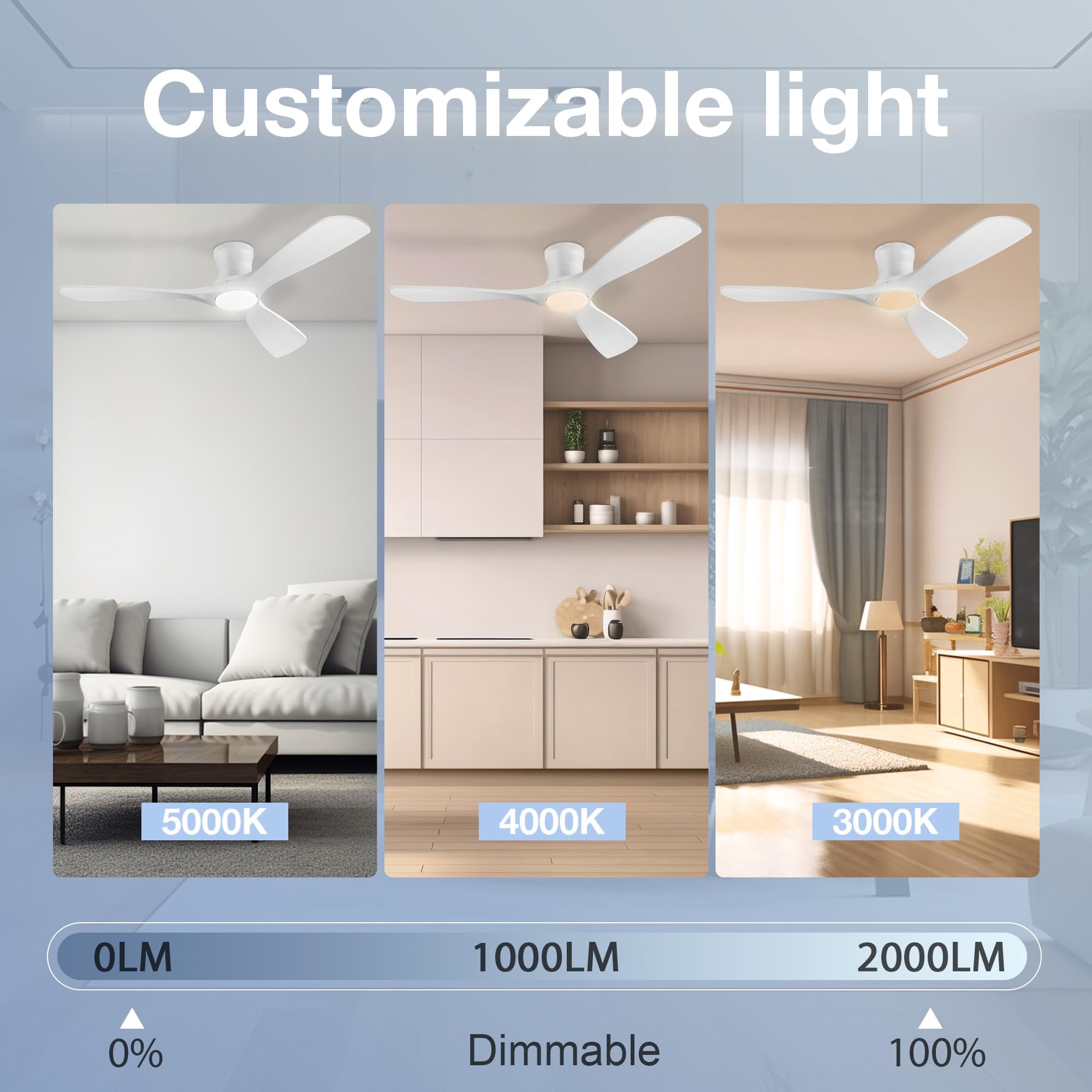 52 Inch Wood Smart Flush Mount Ceiling Fans with Lights and Remote,Quiet DC Motor,Outdoor Indoor Ultra Low Profile Ceiling Fan works with Alexa WIFI APP