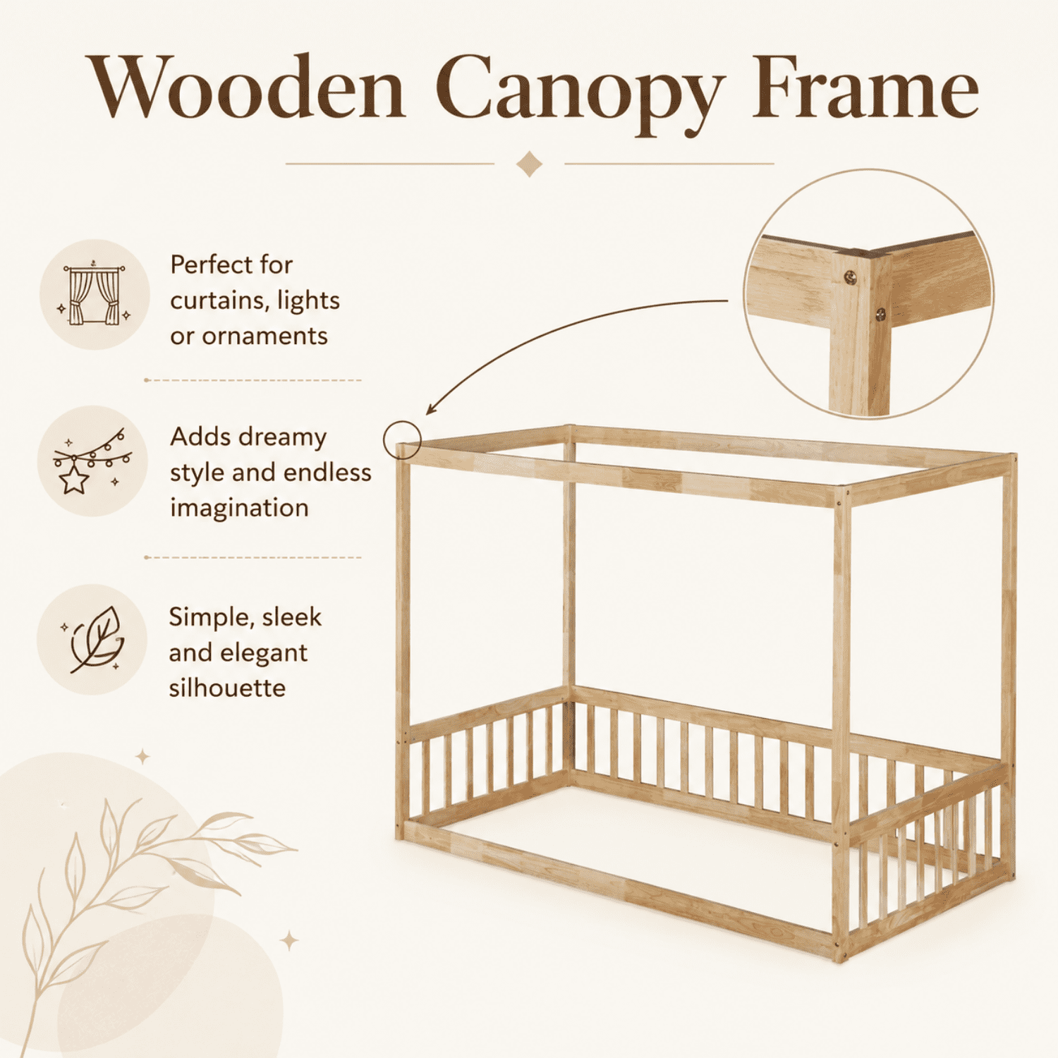 Miniyam Wood Twin Size Canopy Floor Bed with Guardrails for Kids and Teens, Natural