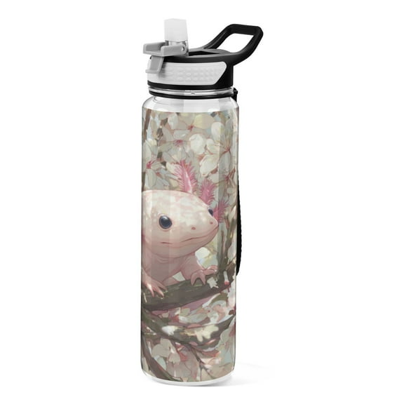 Qxltty Axolotl Cherry Blossom Water Bottle 32 oz with Straw BPA Free Reusable Fitness Sport Bottle Perfect for Travel School Outdoors and Gym