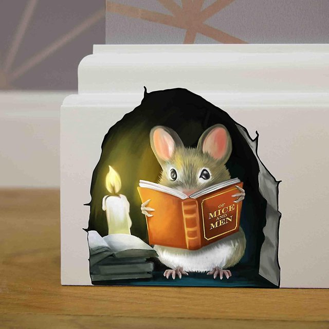 Libro de lectura de ratón, calcomanía adhesiva para decoración de pared, habitación para niños, aula, hogar, amante de los libros, de ratones y niños adorables