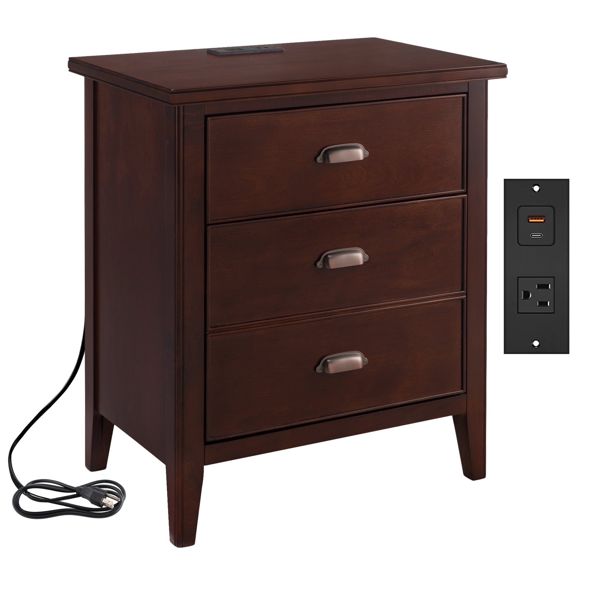 Leick Home Traditional 3-Drawer Solid Wood Laurent Nightstand with USB-C Charging Station, Chocolate Cherry