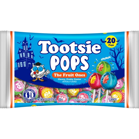 Tootsie Pop Halloween Fruit Ones, Halloween Lollipops, Individually Wrapped, 13.2 oz. Peanut Free and Gluten Free. Contains Milk and Soy.