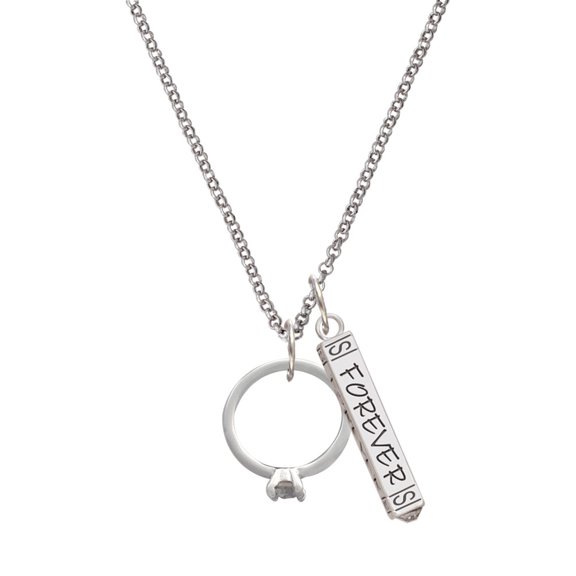 Delight Jewelry Silvertone Engagement Ring with Crystal Silvertone Forever Bar Charm Necklace, 23"