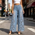 thumbnail image 2 of Women's Boho High Waist Flare Jeans Hollow Lace Patchwork Wide Leg Denim Pants Scalloped Hem Casual Y2K Streetwear Fashion Bottoms Light Blue, 2 of 7