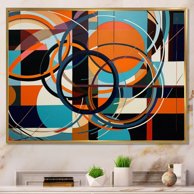 Designart Large Abstract Shapes framed wall Art, Unleashed Geometry Blue Orange Geometry , Abstract Shapes framed wall art decor, Blue Modern Gold framed wall art, 40x30 inches Gold Frame