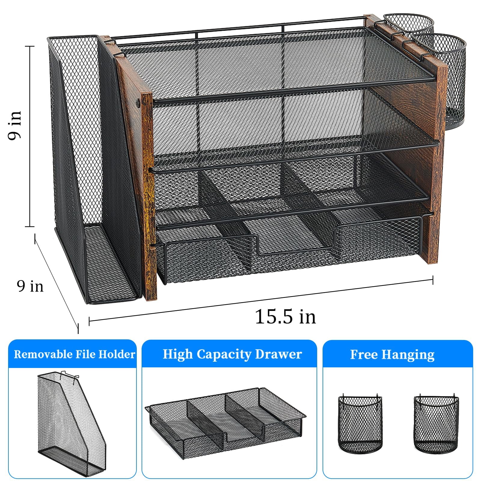 Desk Organizer  4-tier Desktop File With Drawer And 2 Pen Holders Office Accessories Sorters Workspace Organizers For Supplies(brown Wood)