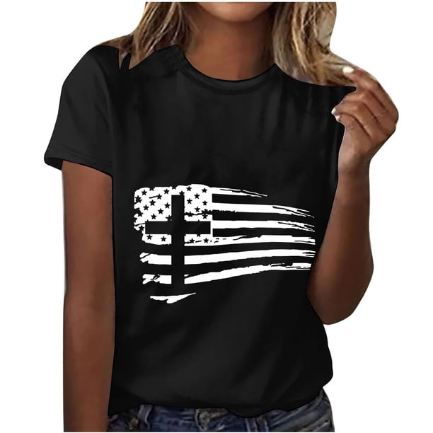 Camisetas de Manga Corta para las Mujeres, Blusa de Manga Corta de la Moda Del Día de la Independencia Hecha de Poliéster Cómodo para la Primavera Verano, Blusas de Manga Corta para las Mujeres