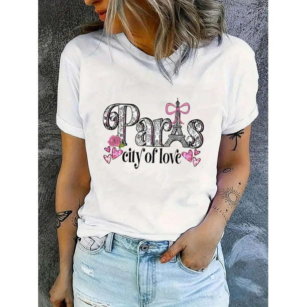 Camiseta Para Mujer Ropa De VeranoChic Paris Eiffel Tower & Floral Print Women's T-Shirt - Casual Crew Neck, Short Sleeve, Stretchy Polyester Blend, Machine Washable - Perfect for Summer, Creative,