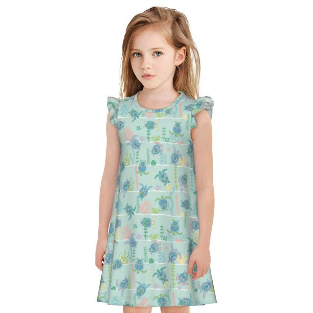 Fotbe Sea Turtle Vestido de Dormir para Niñas de 3 a 10 Años, Mangas Cortas, Estilo Princesa, Pijama Camisón con Mangas Voladas-Large