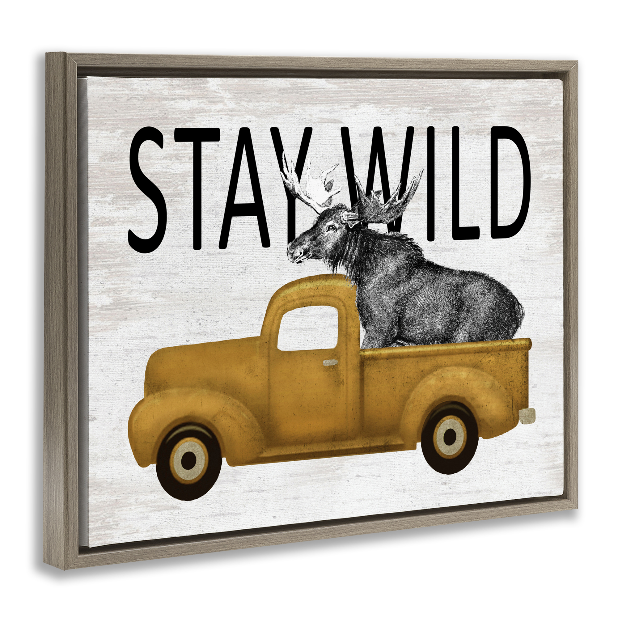 Stay Wild Moose Truck Brown Framed Floater Canvas Wall Art, design by Lettered and Lined