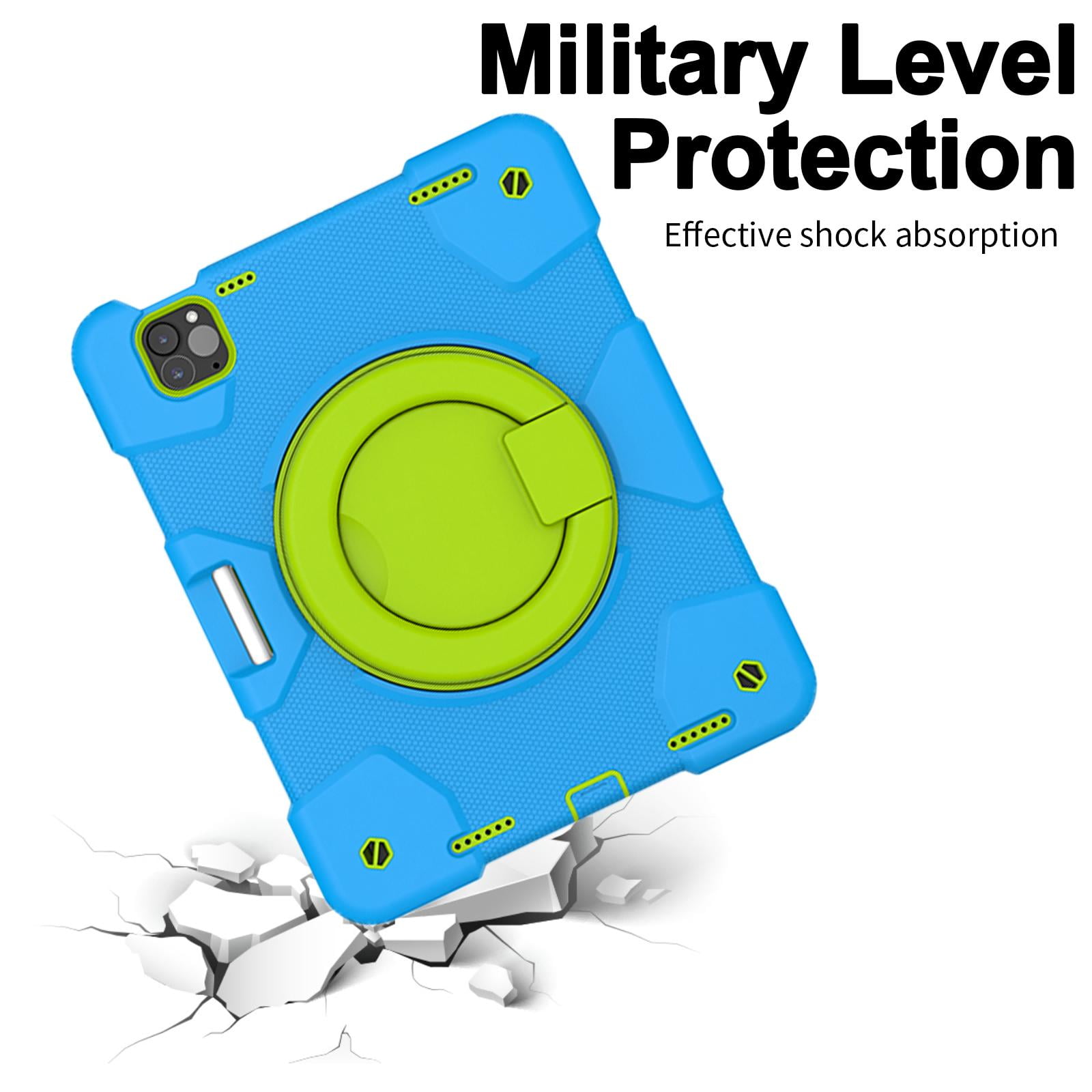 ELEHOLD Military Grade Shockproof Case For Apple iPad Air 11 (2024), Heavy Duty Protection Ring Stand Cover, Adjustable Angel, Detachable Shoulder Strap, Pencil Holder, Blue+Green