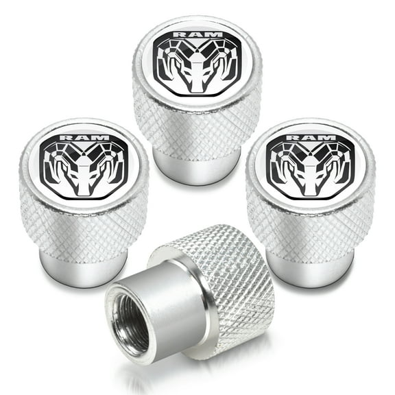 RAM 2019 Logo in White on Shining Silver Aluminum Tire Valve Stem Caps