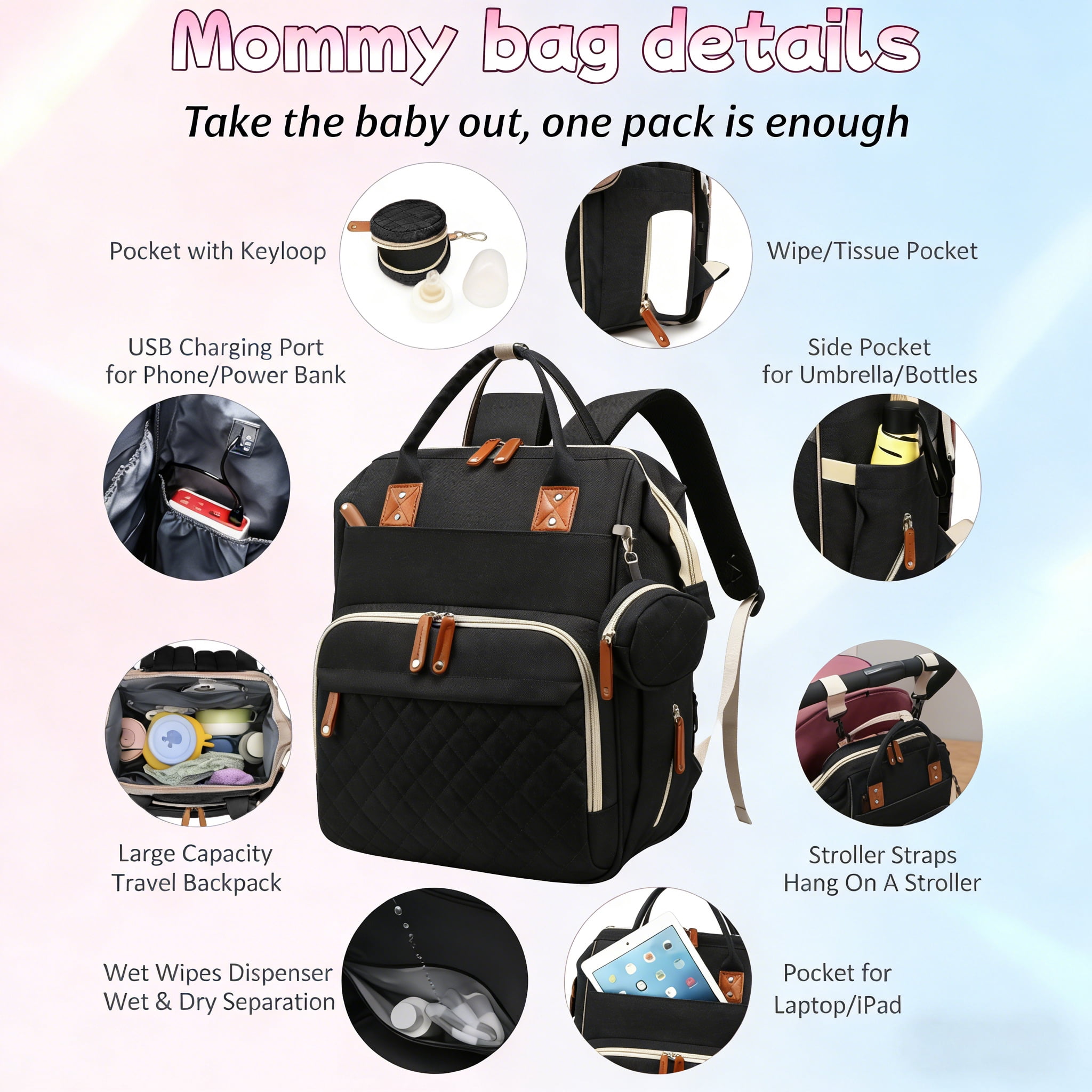 WANDF Diaper Bag Backpack with Changing Station, Large Travel Mommy Bag, Waterproof Diaper Backpack for Moms Dads with USB Charging Port,Mommy Essentials Shower Gifts(Black Bag)