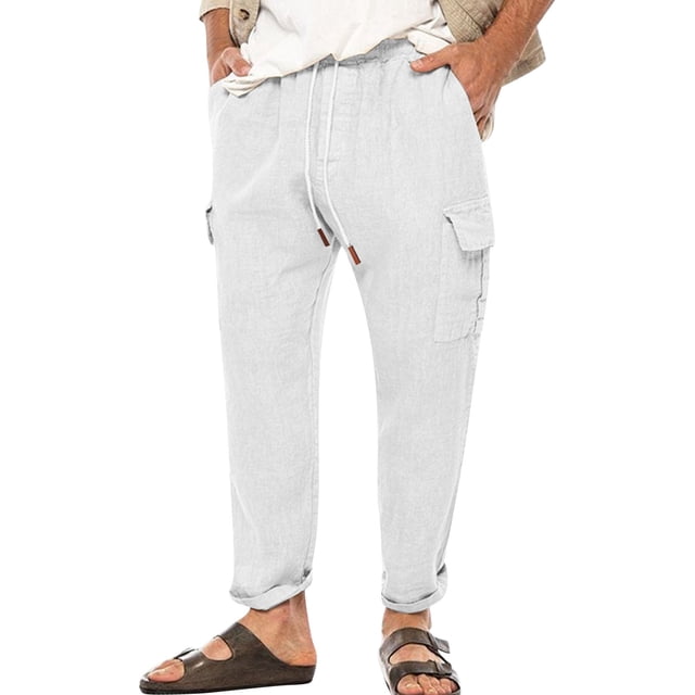 Rovga Men'S Pants Male Spring Summer Leisure Vacation Party Beach Hawaii Solid Color Linen Multi Pocket Overalls Heavy Sweatpants Daily Wear Regular Fit Trousers L White