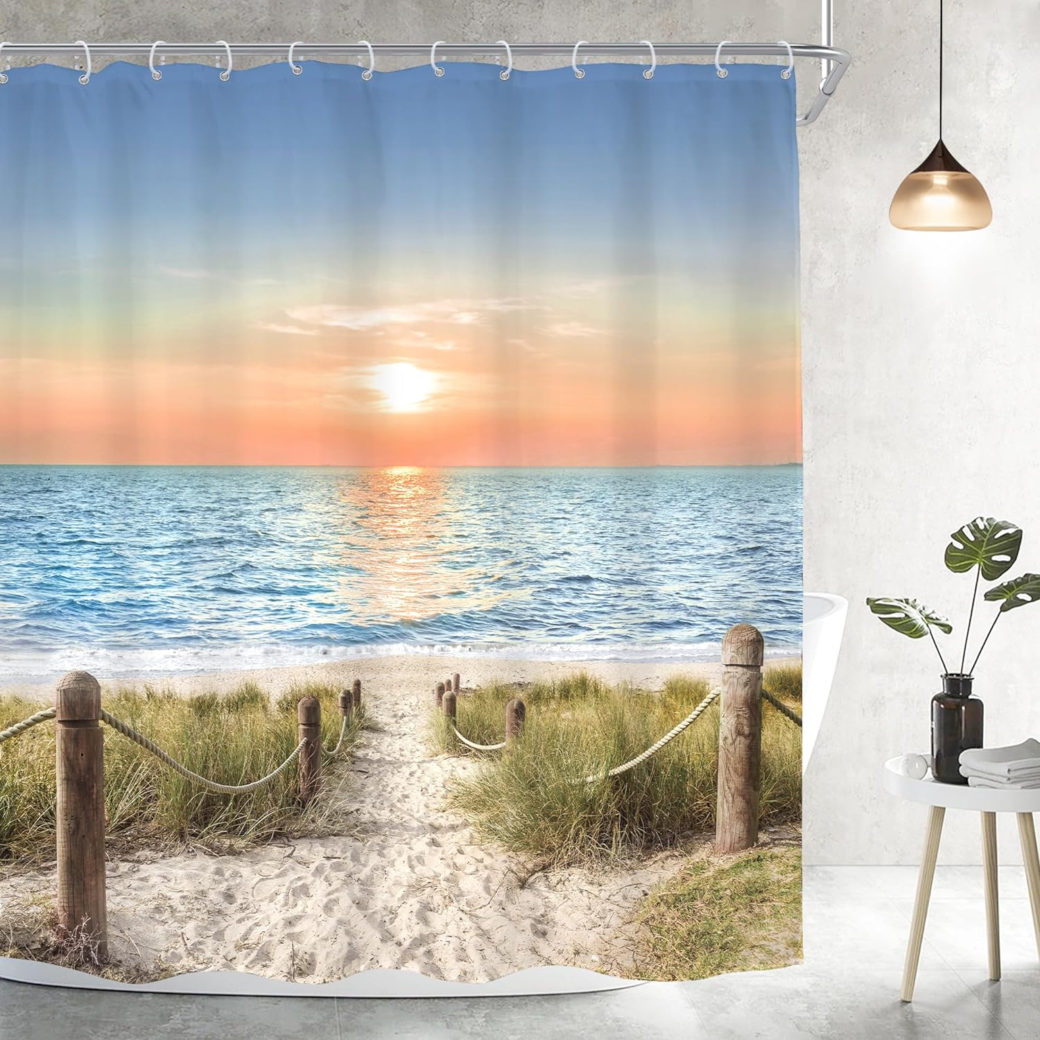 Beach Ocean Shower Curtain Sunrise Sunset View Scene Hawaii Seashore Summer Coastal Seaside Seascape Plant Women Men Fabric Waterproof Polyester with Hooks Plastic 72"W x 78"L (Pack of 1)